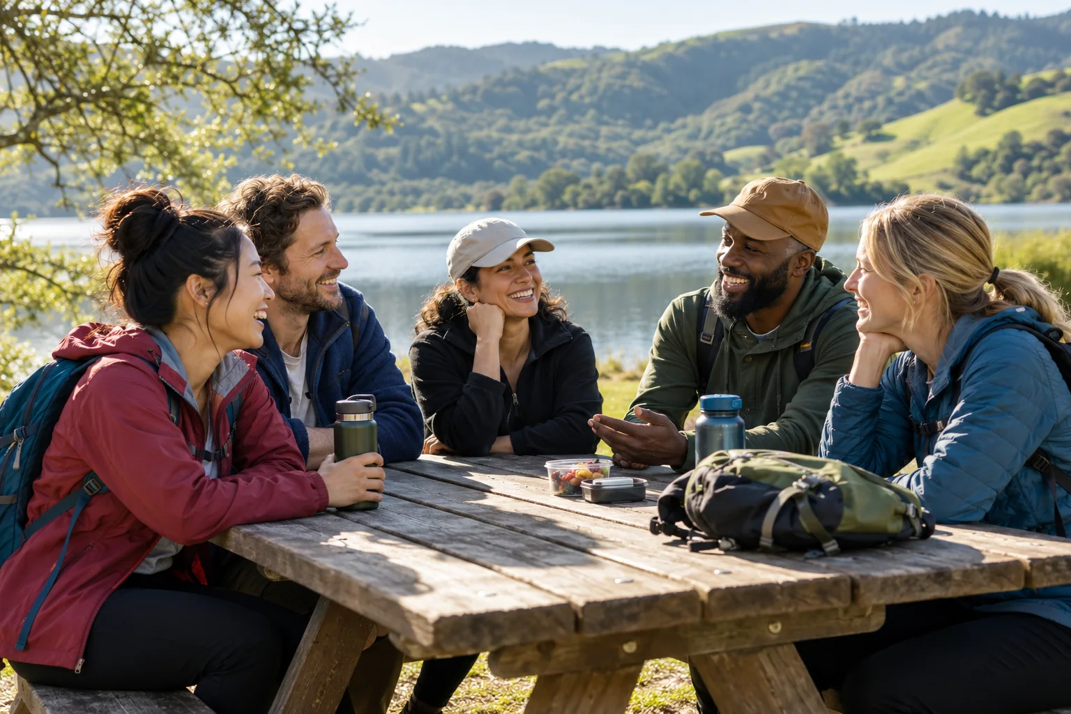 Friends chatting around a picnic table beside a lake after a walk
